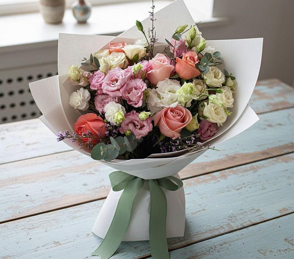 Букет цветов из: Розы, Лизиантусы и Гвоздики в Павловское