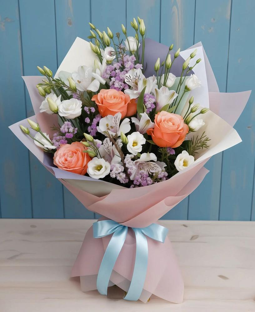 Букет цветов из: Лизиантусы, Розы, Альстромерии и Гипсофила в Павловское