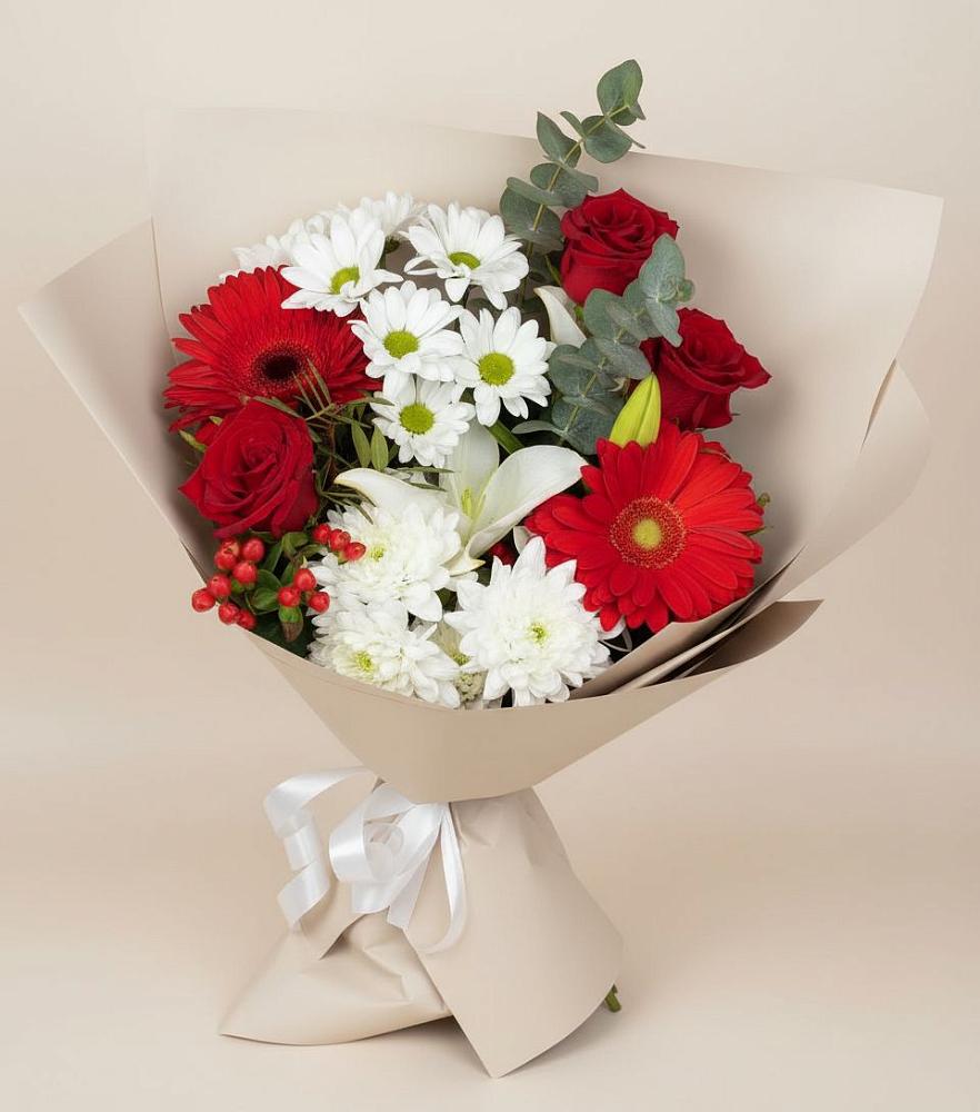 Букет цветов из: Розы, Хризантемы, Герберы и Лилии в Павловское