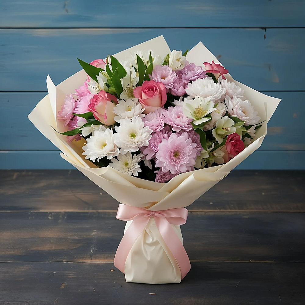 Букет цветов из: Хризантемы, Альстромерии и Розы в Павловское